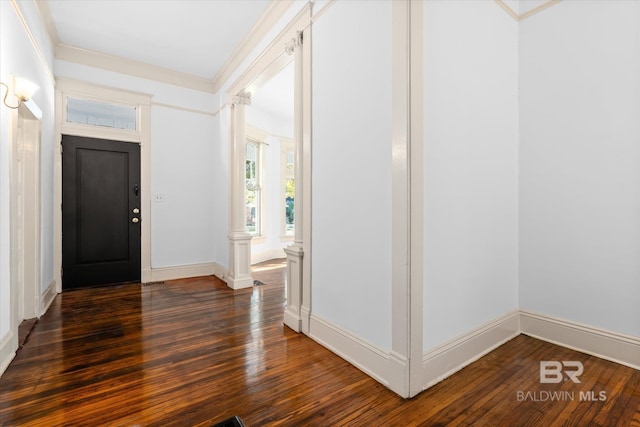 foyer featuring ornamental molding and dark hardwood / wood-style flooring