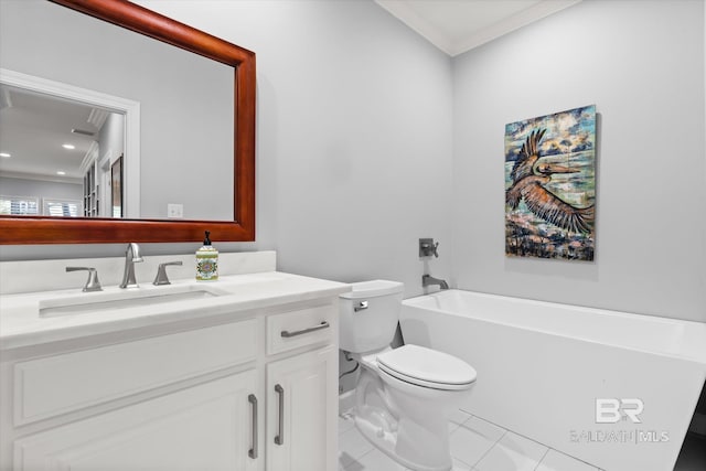 bathroom with tile patterned floors, a bathtub, vanity, crown molding, and toilet