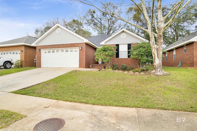 ranch-style house featuring a garage, a front yard, brick siding, and driveway