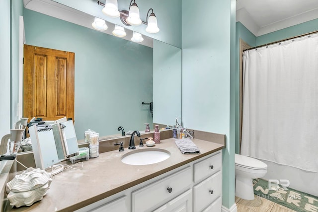 bathroom featuring toilet, vanity, and shower / bathtub combination with curtain