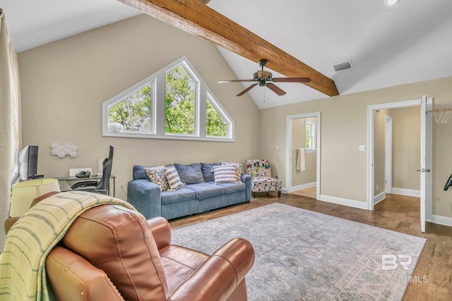living room with a ceiling fan, wood finished floors, lofted ceiling with beams, baseboards, and visible vents