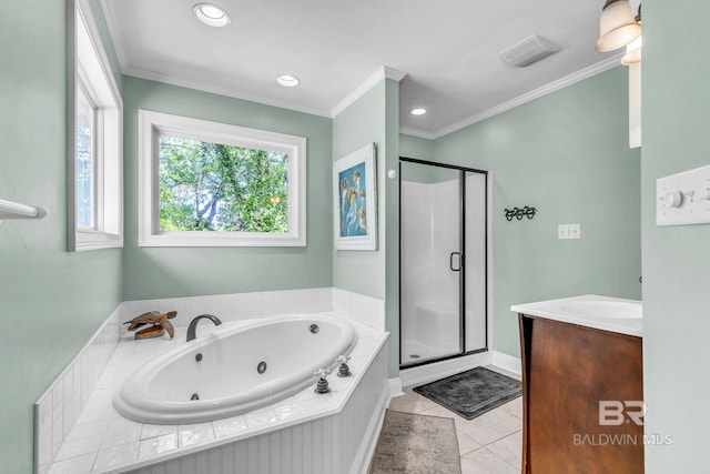 full bath featuring a shower stall, a tub with jets, crown molding, tile patterned floors, and recessed lighting