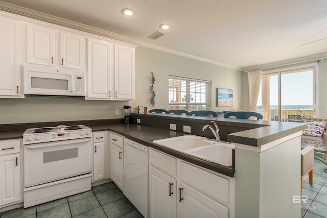 kitchen with white appliances, white cabinetry, sink, and kitchen peninsula