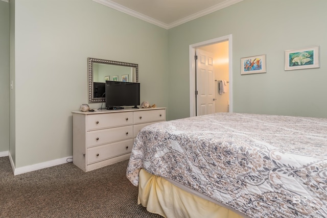 carpeted bedroom with ornamental molding