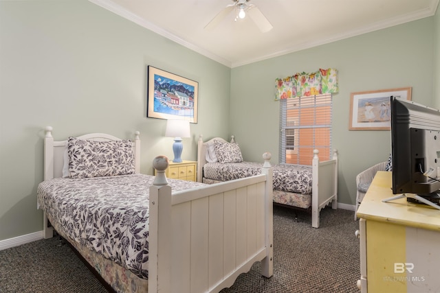 carpeted bedroom with crown molding and ceiling fan