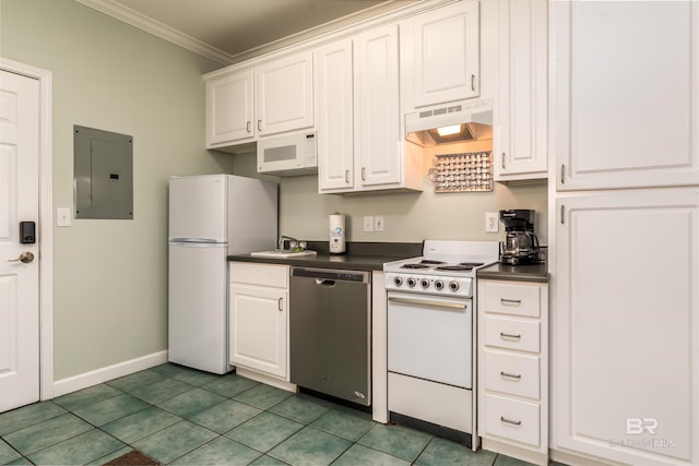 kitchen featuring white cabinets, white appliances, ornamental molding, electric panel, and tile patterned floors