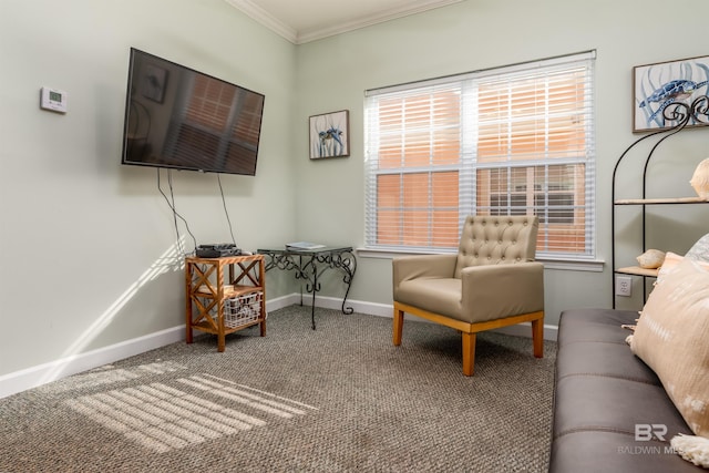 carpeted living room featuring ornamental molding