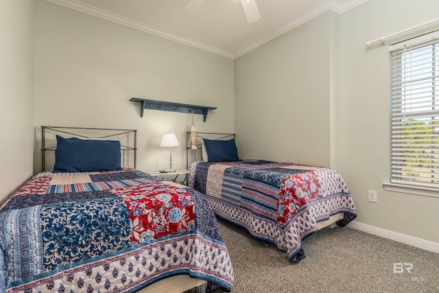 carpeted bedroom featuring multiple windows, ceiling fan, and crown molding