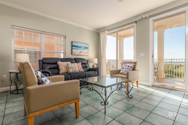 tiled living room with a healthy amount of sunlight and ornamental molding