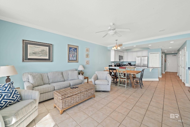 tiled living room featuring ceiling fan and crown molding