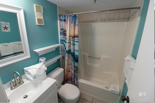 full bathroom with toilet, shower / bathtub combination with curtain, and vanity