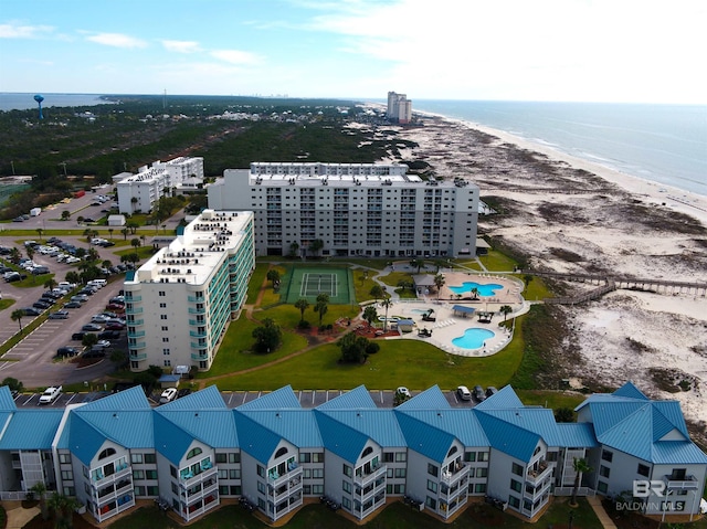 aerial view featuring a beach view and a water view