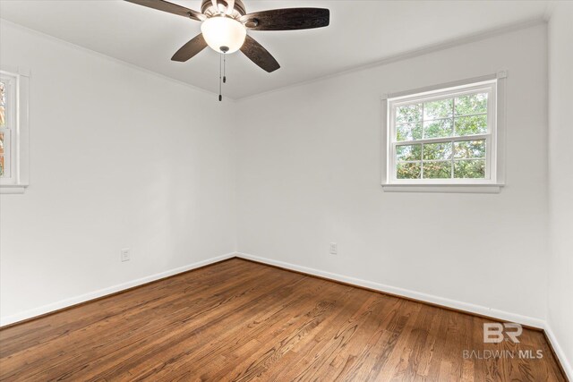 spare room featuring hardwood / wood-style flooring, ceiling fan, and crown molding