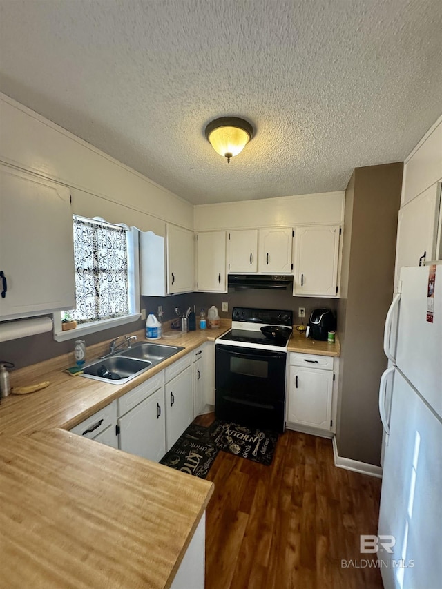 kitchen featuring sink, electric range, dark hardwood / wood-style floors, white refrigerator, and white cabinets