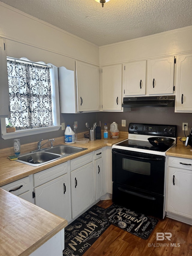 kitchen featuring sink, white cabinetry, a textured ceiling, electric range, and dark hardwood / wood-style floors