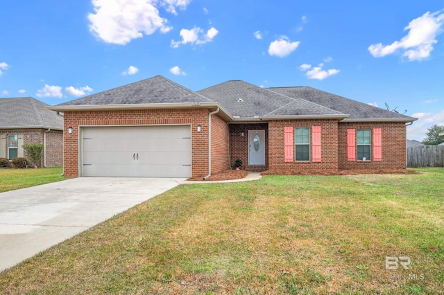 ranch-style home featuring a garage and a front lawn