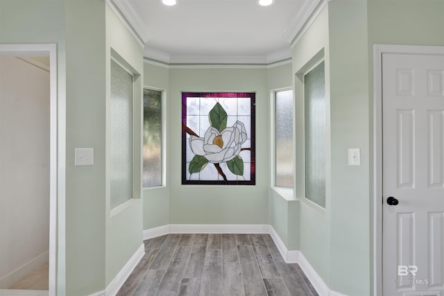 hallway featuring wood-type flooring and ornamental molding