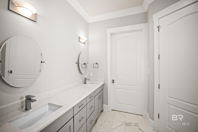 467 Colony Dr, Fairhope, AL 36532 - bathroom with marble finish flooring, double vanity, baseboards, and crown molding