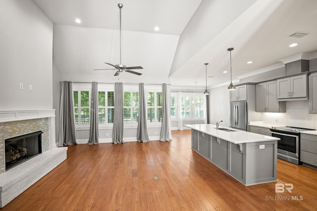 467 Colony Dr, Fairhope, AL 36532 - kitchen featuring gray cabinetry, appliances with stainless steel finishes, light countertops, a ceiling fan, and an island with sink