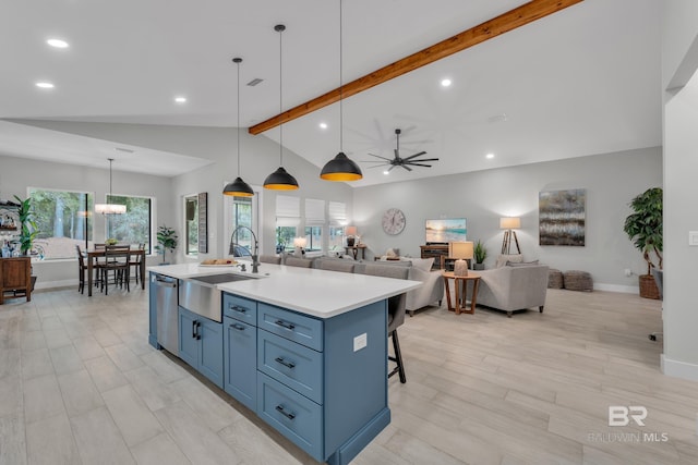kitchen featuring a sink, beamed ceiling, recessed lighting, and dishwasher