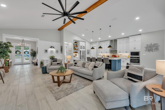 living area with high vaulted ceiling, beamed ceiling, ceiling fan with notable chandelier, and recessed lighting