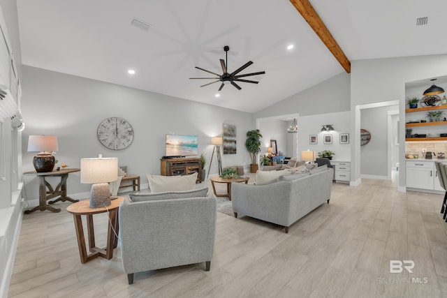 living area with ceiling fan, visible vents, beam ceiling, light wood finished floors, and recessed lighting