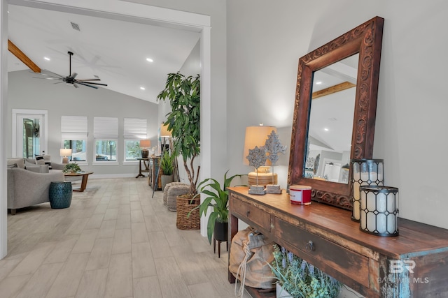 hallway featuring high vaulted ceiling, recessed lighting, beam ceiling, and visible vents