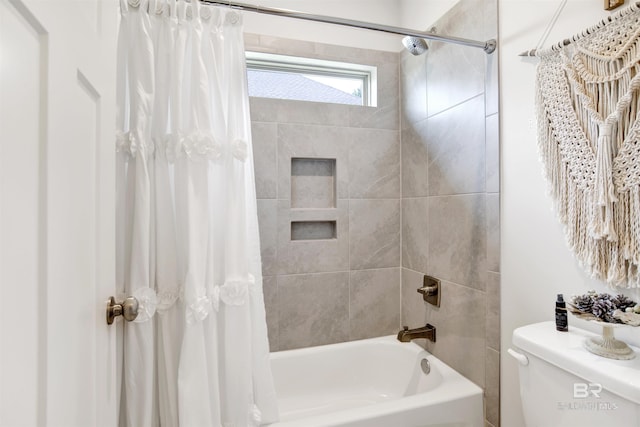 full bath featuring toilet and shower / bathtub combination with curtain