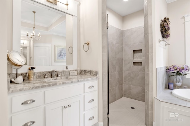 full bathroom featuring crown molding, vanity, and tiled shower