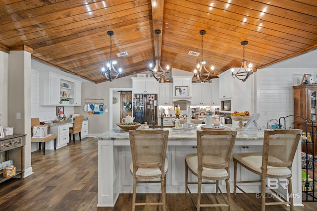 kitchen featuring wooden ceiling, hanging light fixtures, appliances with stainless steel finishes, dark hardwood / wood-style flooring, and white cabinetry