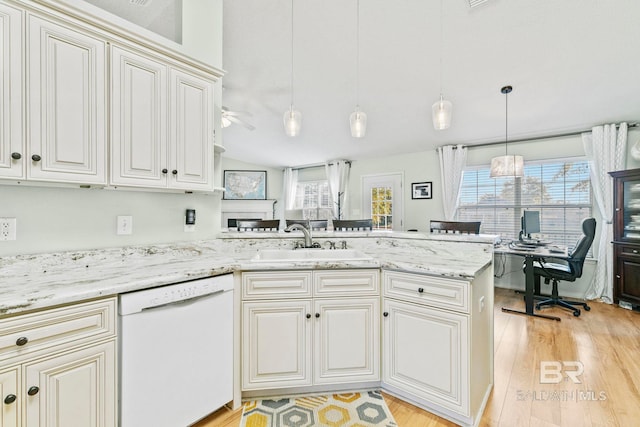 kitchen with kitchen peninsula, a wealth of natural light, dishwasher, and hanging light fixtures