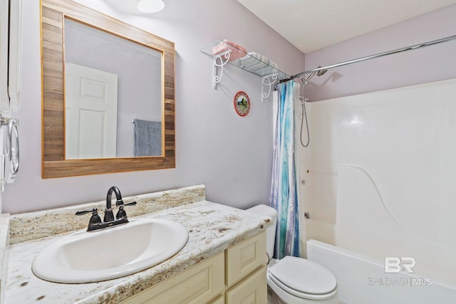 full bathroom with shower / bath combination with curtain, toilet, a textured ceiling, and vanity