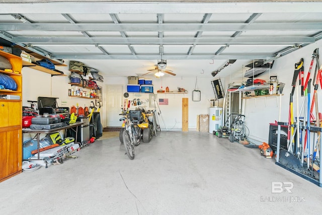 garage featuring electric water heater and ceiling fan