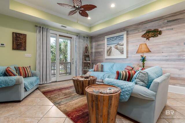 630 Lemoyne Dr Unit 8D, Dauphin Island, AL 36528 - living area featuring recessed lighting, light tile patterned flooring, a ceiling fan, and a raised ceiling