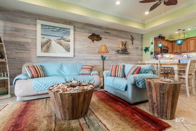 630 Lemoyne Dr Unit 8D, Dauphin Island, AL 36528 - living area with ornamental molding, recessed lighting, a ceiling fan, and light tile patterned floors