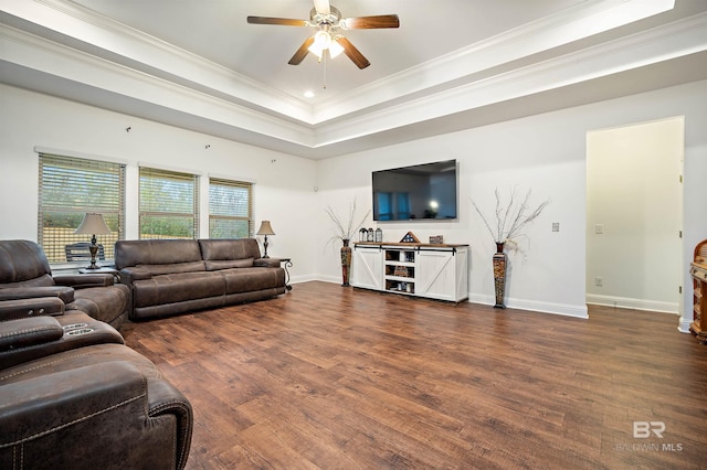 living room featuring a raised ceiling, ceiling fan, dark hardwood / wood-style flooring, and ornamental molding