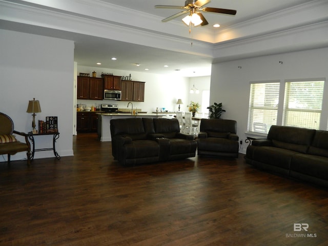 living room featuring a raised ceiling, ceiling fan, crown molding, dark wood-type flooring, and sink