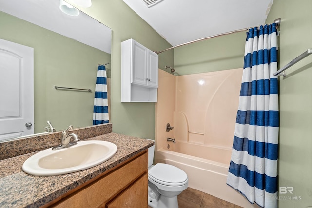 full bathroom with shower / bathtub combination with curtain, vanity, tile patterned floors, and toilet