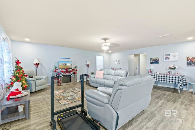 living room with a fireplace, light hardwood / wood-style flooring, and ceiling fan