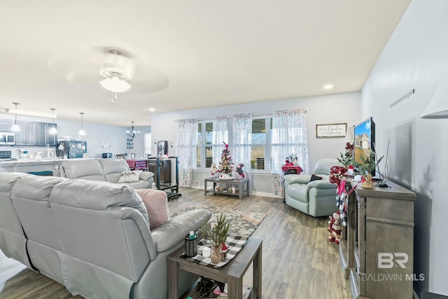 living room with ceiling fan and hardwood / wood-style flooring