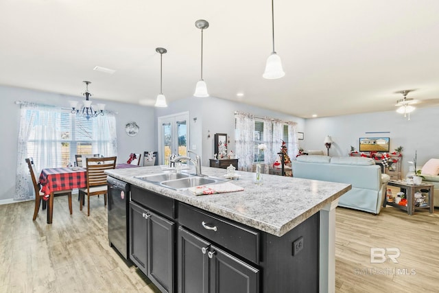 kitchen with plenty of natural light, an island with sink, and decorative light fixtures