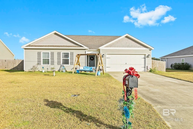 ranch-style house featuring a garage and a front lawn