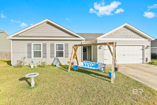 ranch-style home with a garage and a front yard