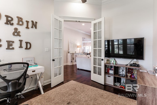 office area with french doors, crown molding, and dark wood-type flooring