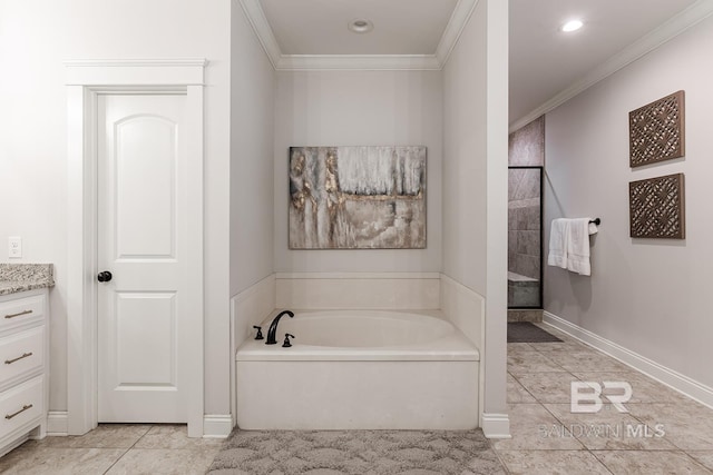 bathroom with tile patterned floors, plus walk in shower, vanity, and ornamental molding