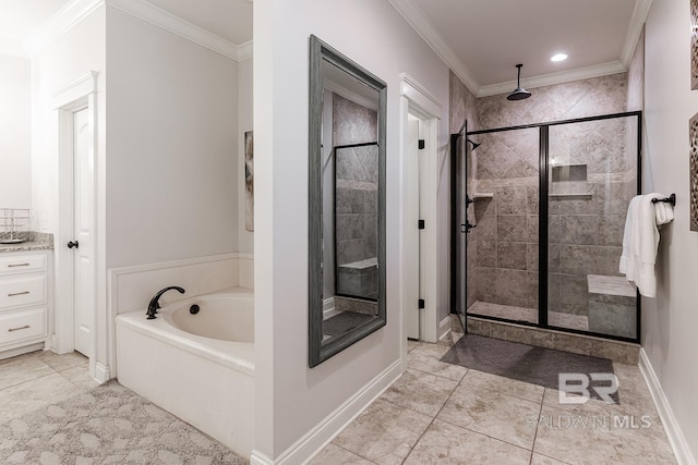 bathroom featuring tile patterned flooring, ornamental molding, and shower with separate bathtub