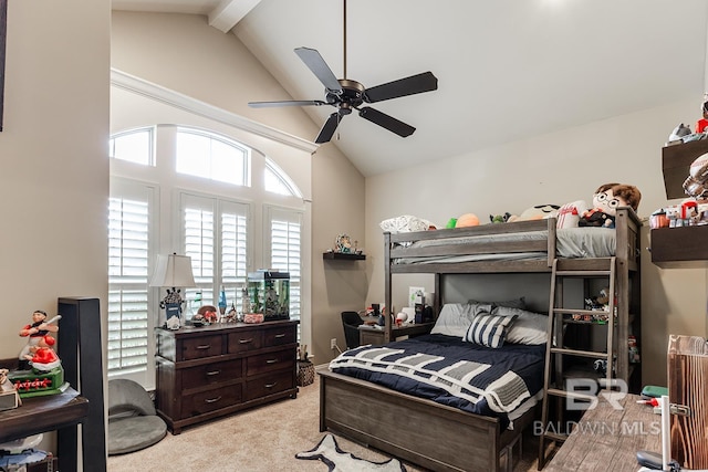 carpeted bedroom featuring ceiling fan and lofted ceiling