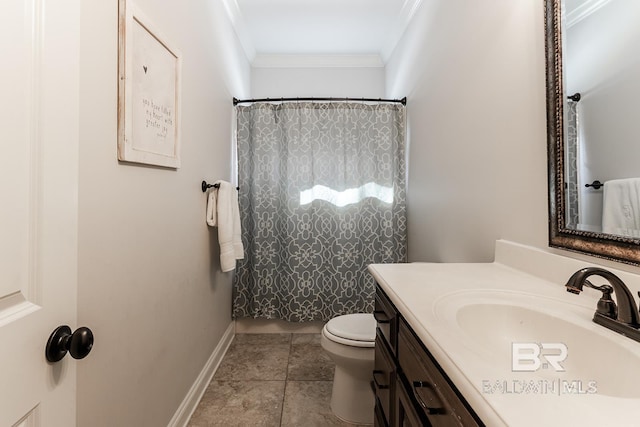 bathroom with vanity, a shower with curtain, crown molding, tile patterned flooring, and toilet