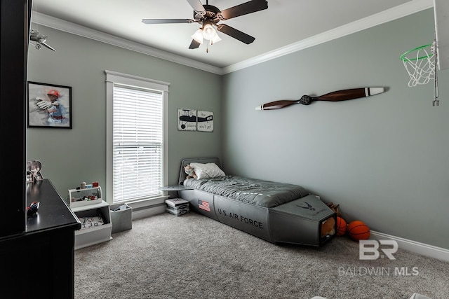 bedroom featuring multiple windows, ceiling fan, and carpet