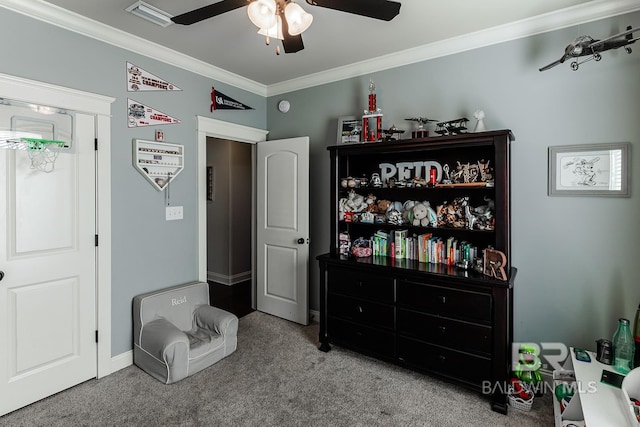 interior space with ceiling fan, crown molding, and light carpet